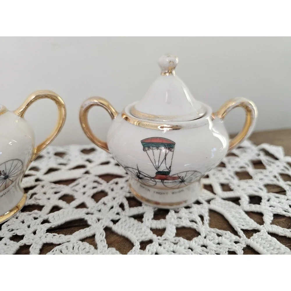 Small Vintage Kingwood China Creamer And Sugar Carriage Wagon Stagecoach Design